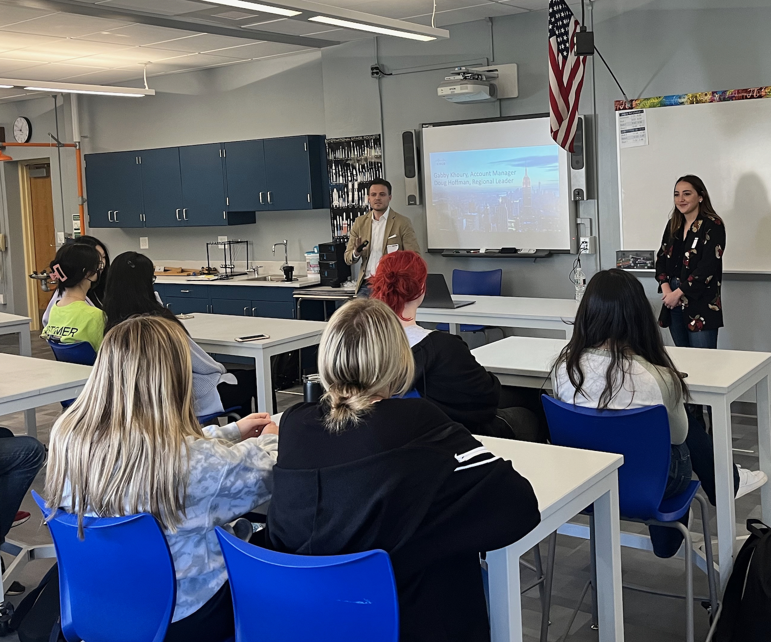 Doug and Gabby presenting to a high school classroom.