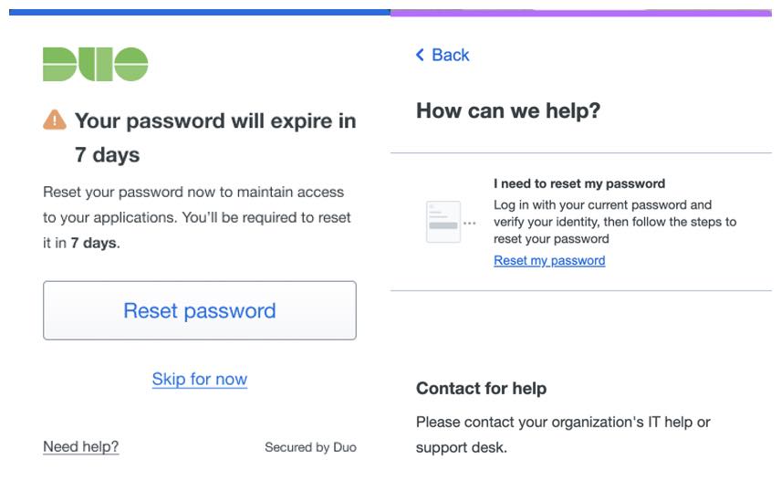 Screenshot of Duo's self-service password reset prompt