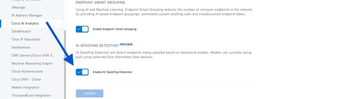 Enabling Cisco AI Spoofing Detection is very simple in Cisco DNA Center.