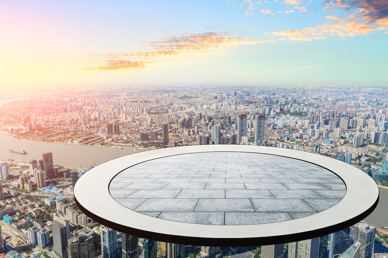 Viualization of a solid, cloud-based platform over a city landscape