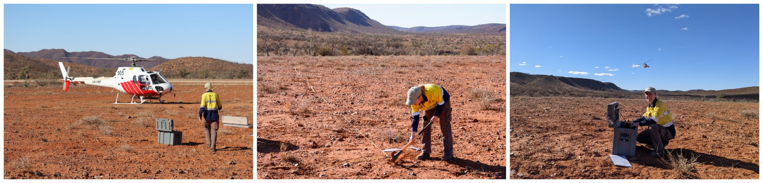 A photo collage of a helicopter and a woman working on an instrument in a remote outdoor area.