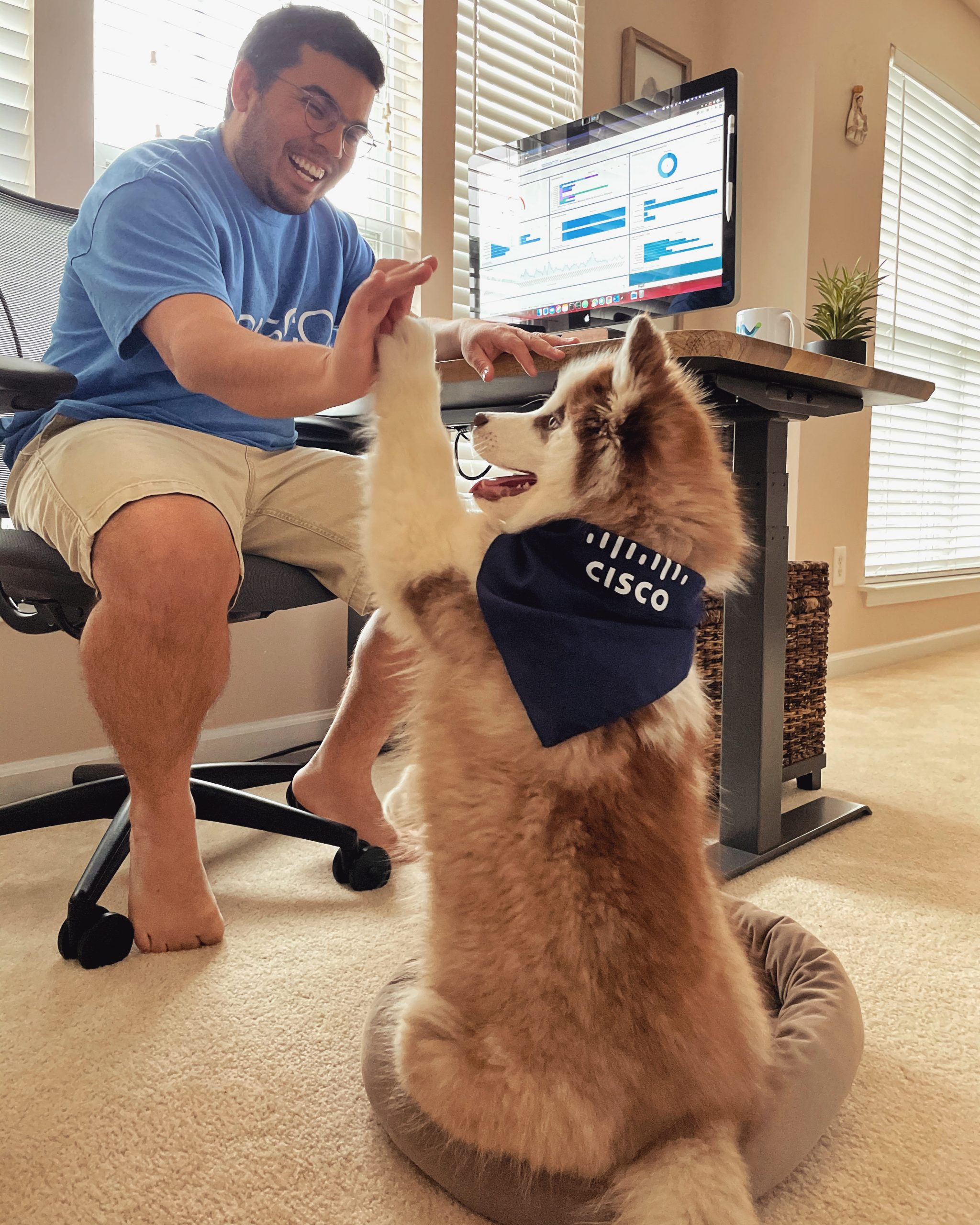 Gabriel P. high fives dog wearing a Cisco bandana. 