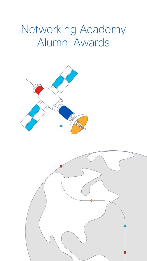 An illustrated graphic of a satellite dish above earth with text that says "Networking Academy Alumni Awards"