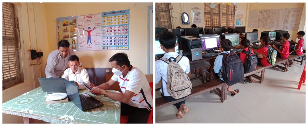 A photo of teachers gathered around a laptop and another photo of students using desktop computers
