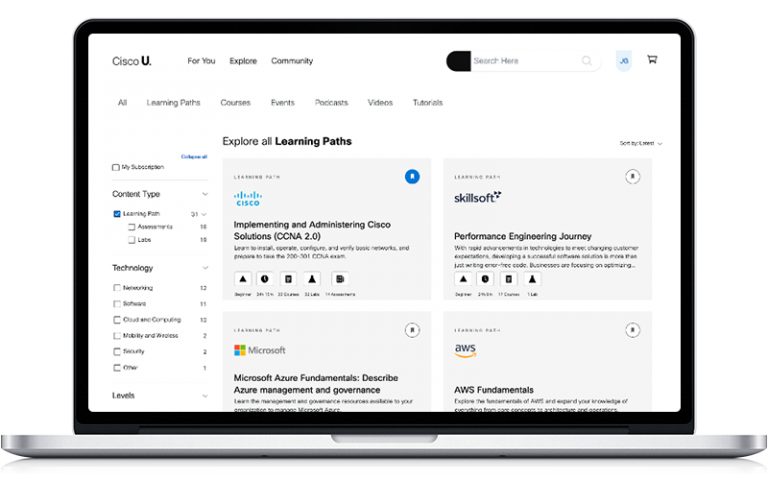 Screenshot of Learning Paths in Cisco U. from Cisco, Skillsoft, Microsoft, and AWS