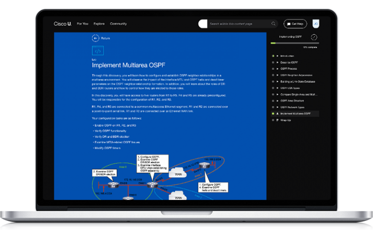 Screenshot of a lab in Cisco U. called Implement Multiarea OSPF