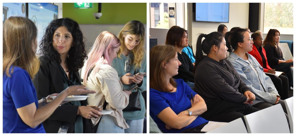Two photos side by side of women interacting at an event