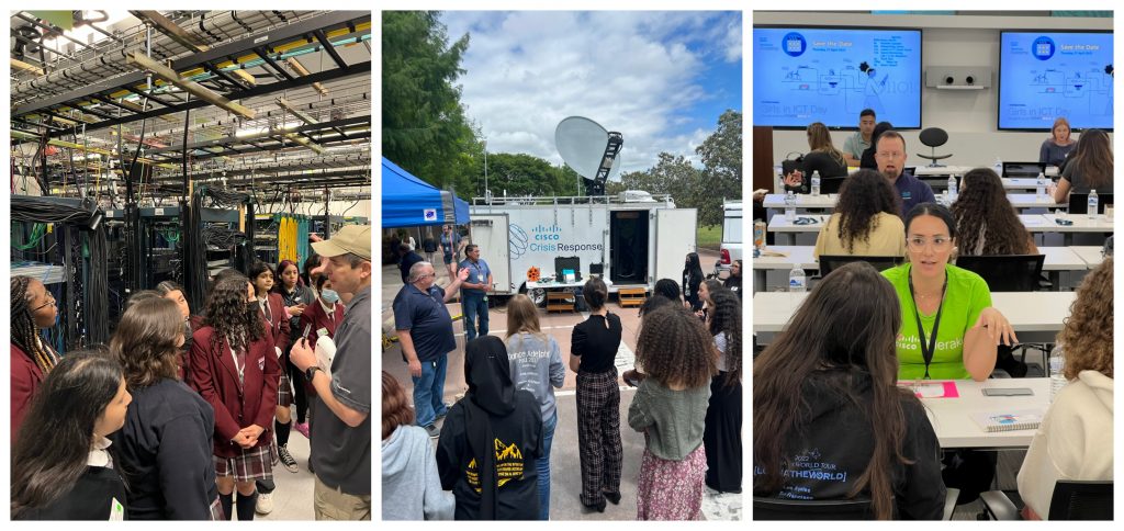 Three images side by side of girls participating in an event