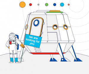 An illustrated graphic of a spaceship