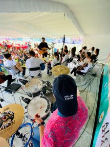 Overhead shot of band playing to crowd.