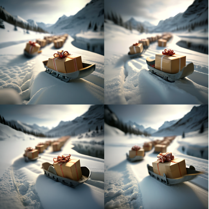 Generative AI example - Results of description: “PIXER ANIMATION design, CHRISTIAN SLIDES IN THE SNOW WITH GIFTS, epic beautiful scene, cinematic, post production, depth of field, cinematic photography, cinema, color correction, professional color correction, 55mm lens, exquisite detail, sharp focus, fine detail, long exposure time, f/8, ISO 100, shutter speed 1/125, diffused backlight, award-winning photography, realistic photography, hyper-realistic, unrealistic engine, realistic lens flare, realistic lighting, lettering, hyper-realistic, 8k, detail, photography, cinematic lighting, studio lighting, beautiful lighting, Accent lighting, global lighting, global screen space lighting, ray tracing, global lighting, optics, scattering, glow, shadows, roughness, shimmer, ray tracing, ray reflections, ray reflections, lumen reflections, screen space reflections, diffraction gradation, GB offset, scan lines, ray tracing, Ray Tracing Ambient Occlusion, Anti-Aliasing, FKAA, TXAA, RTX, SSAO, Shaders, OpenGL shaders, GLSL shaders, Post Processing, Post-Production, Cel Shading, Tone Mapping, CGI, VFX, SFX, insanely detailed and complex, hyper-maximalistic, elegant, hyper-realistic, super-detailed -v 4. “