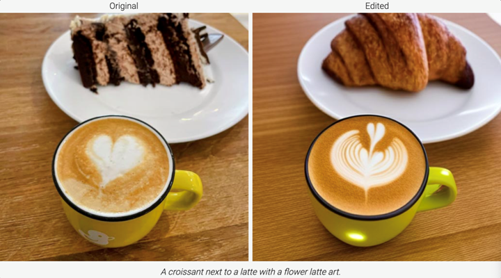 Generative AI example - Muse - "A croissant next to a latte with a flower latte art
