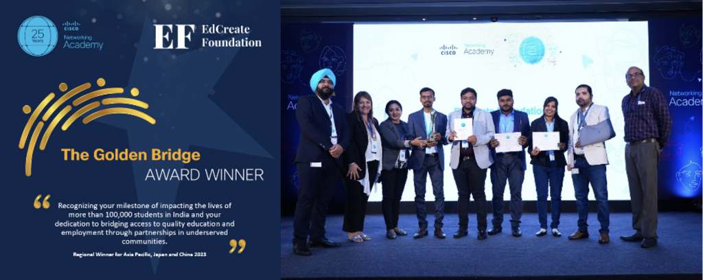 A graphic about the Golden Bridge Award with a photo of a group of people