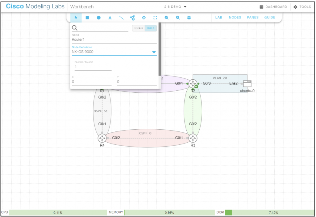 CML 2.6 Workbench interactive menu with option to add nodes in bulk