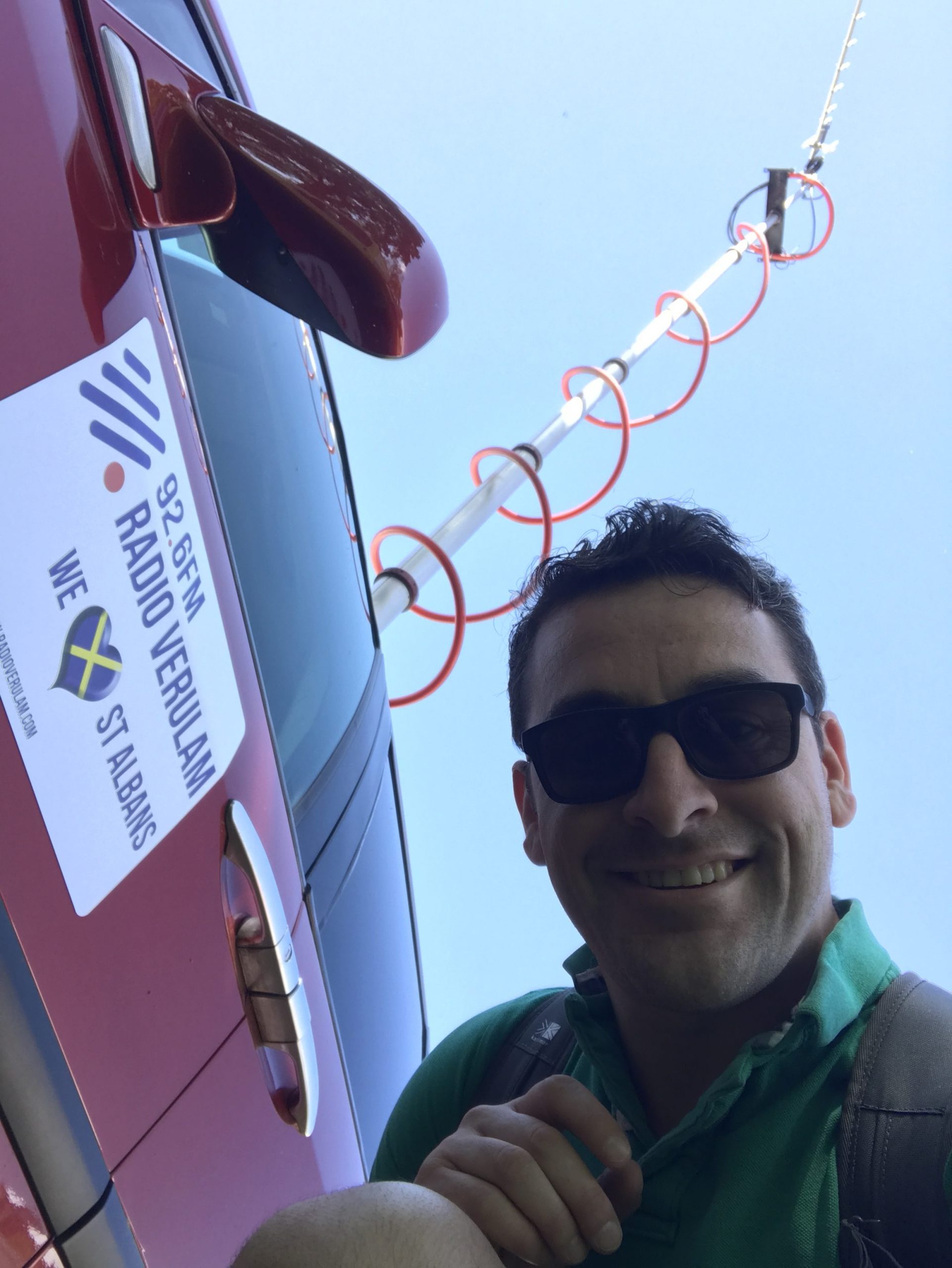 Selfie of Richard with a "Radio Verulam" truck. 