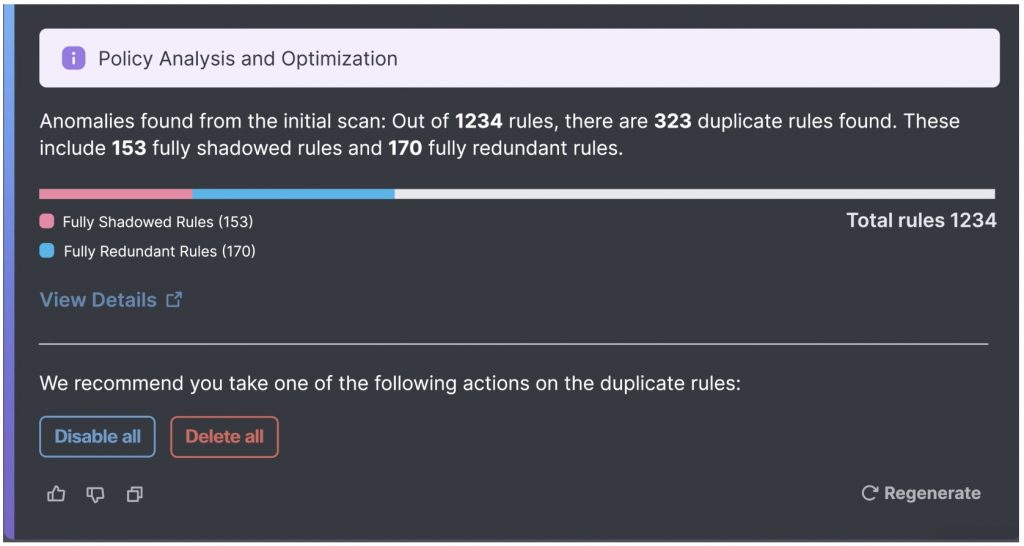 Screenshot of the AI Assistant policy analysis and optimization screen, which evaluates rules and highlights duplicate, fully shadowed, and fully redundant rules. The AI Assistant also makes recommendations for taking actions on the duplicate rules, easily prompting users to either disable or delete all