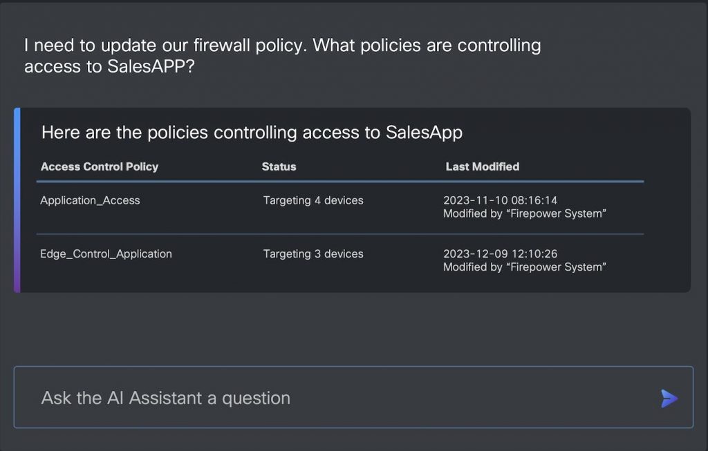 Screenshot of the AI Assistant panel, providing a list of policies controlling an app so that the Security team can update the firewall policy