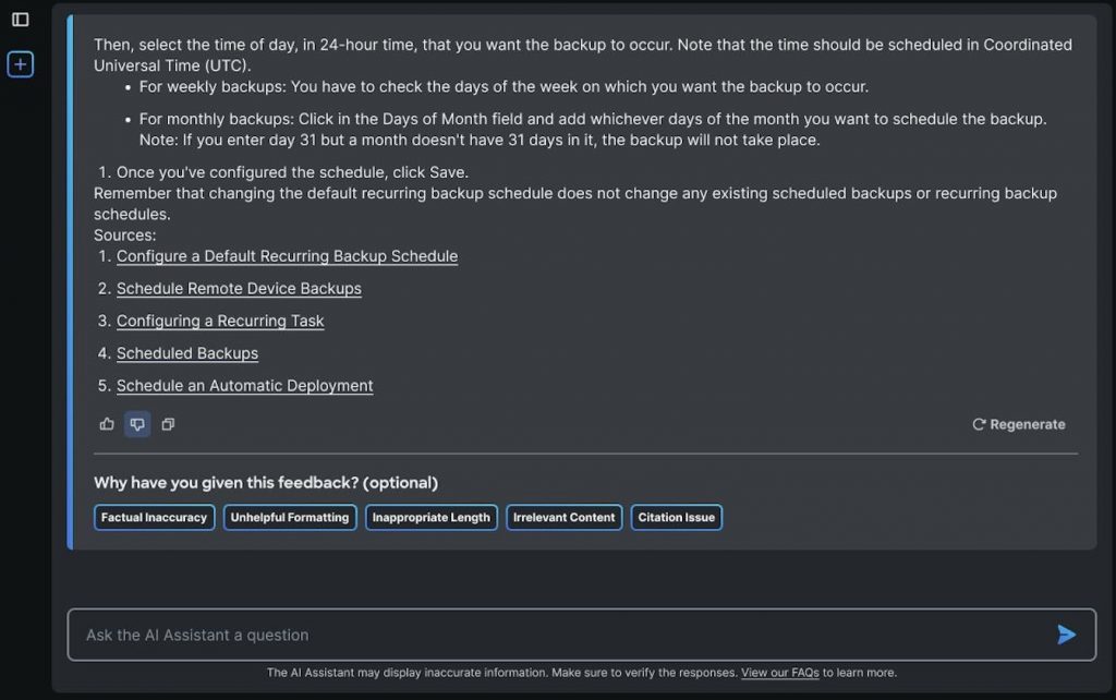 Screenshot of the option to give feedback in the AI Assistant chat window