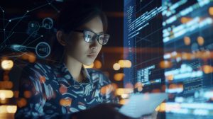 Young woman in glasses looking at screen
