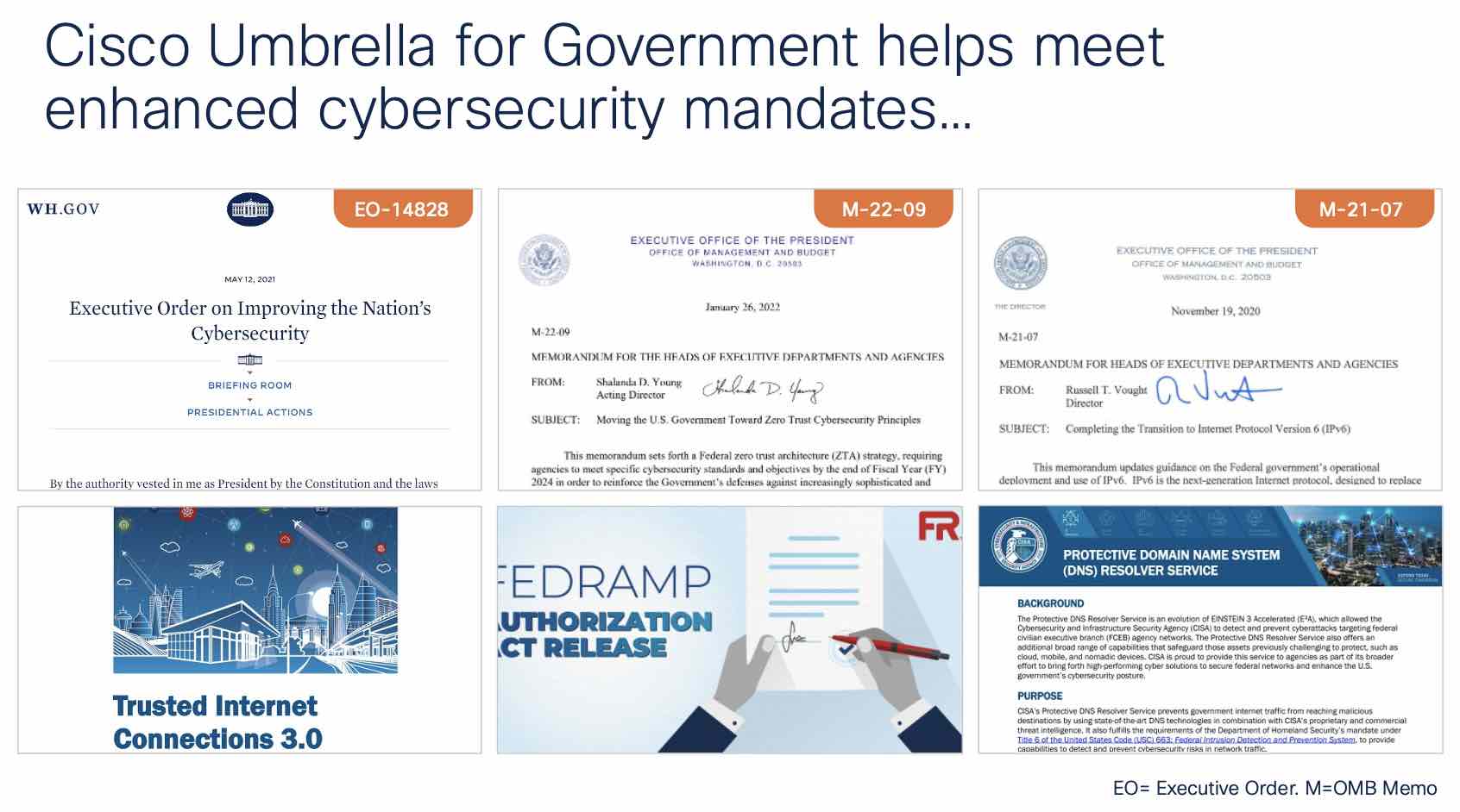 Screenshots of 6 U.S. Government cybersecurity mandates, with text that reads: "Cisco Umbrella for Government helps meet enhanced cybersecurity mandates..."