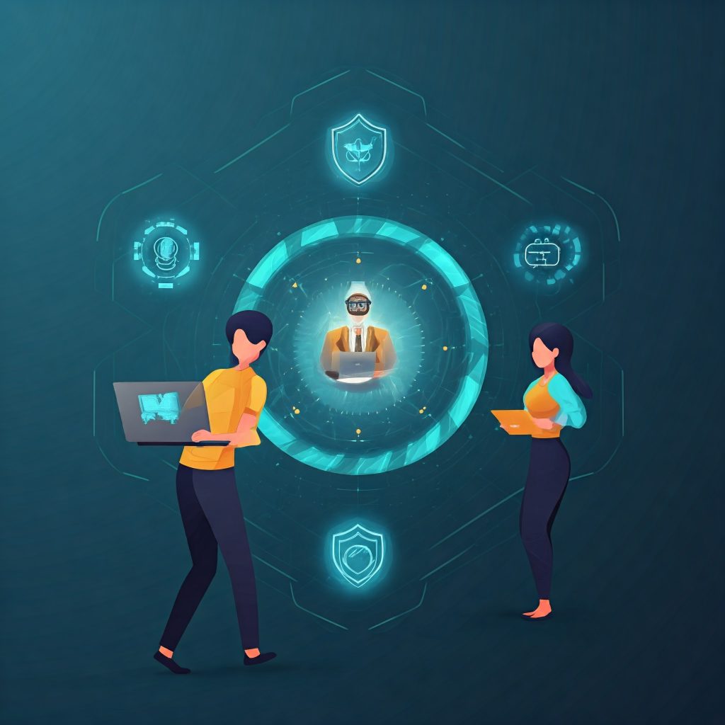 Graphic illustration of two people working on laptops and tablets.