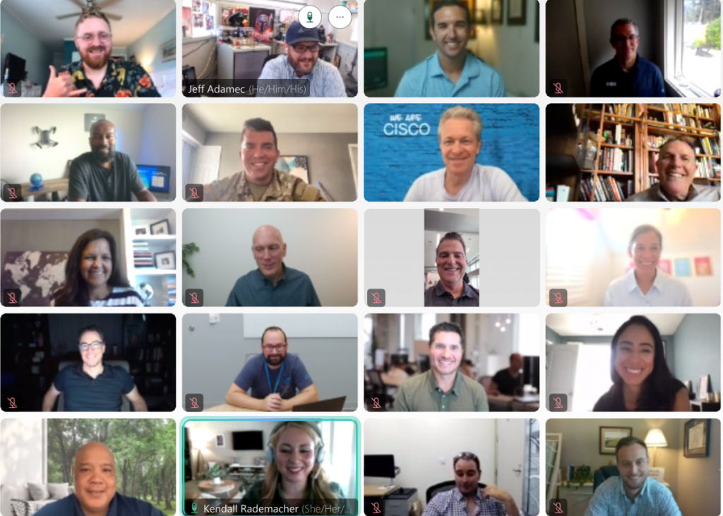 Image of employees connecting virtually on a Webex screen.