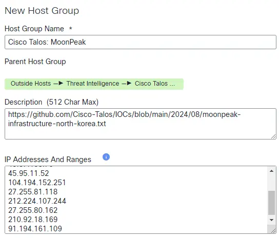 Creating a new host group for the IPs taken from this Cisco Talos blog