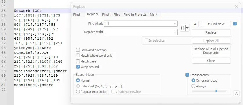 Using Notepad++ with find and replace to remove square brackets in defanged IP addresses