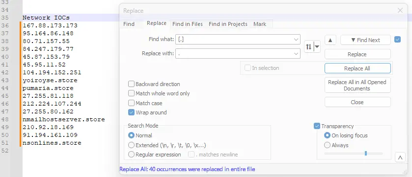 Successful replacement in Notepad++