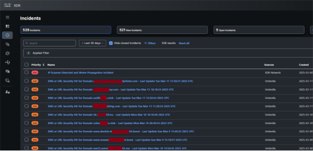 Cisco XDR incident list