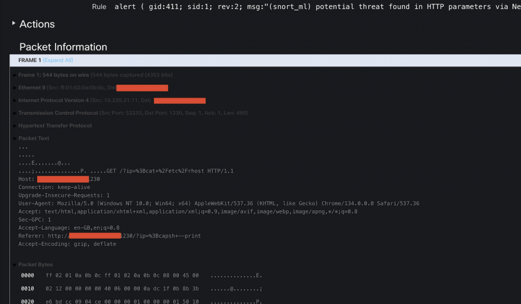 Example of Snort machine learning displayed in Firewall Management Center