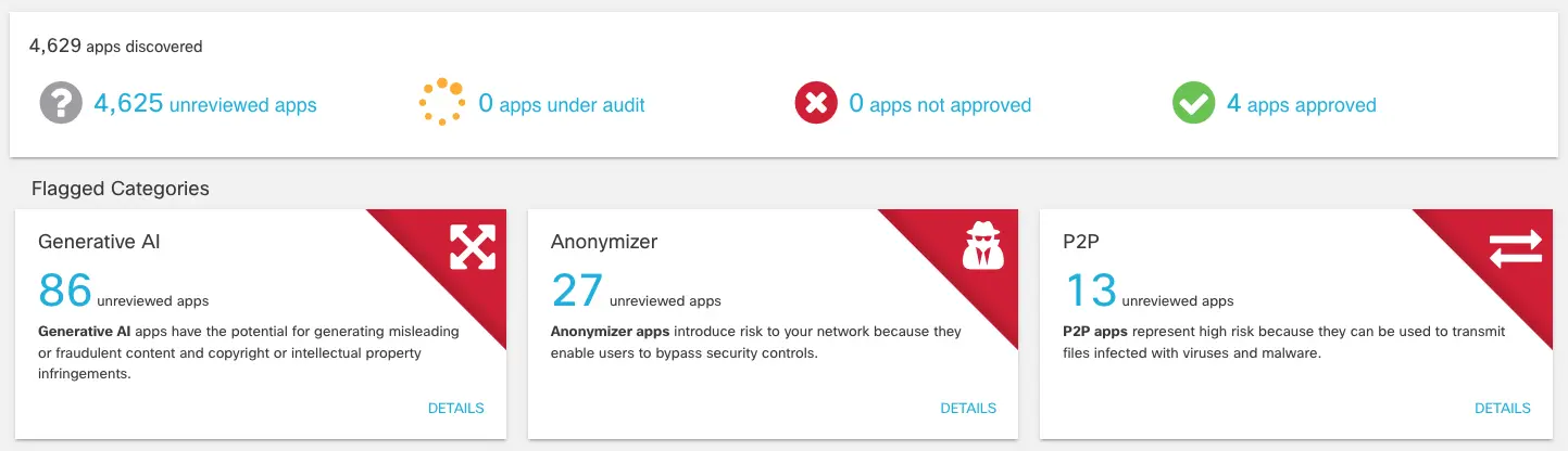 DNS app discovery screen, showing the number of apps reviewed and approved as well as flagged categories