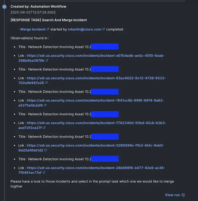 Incidents found automation workflow