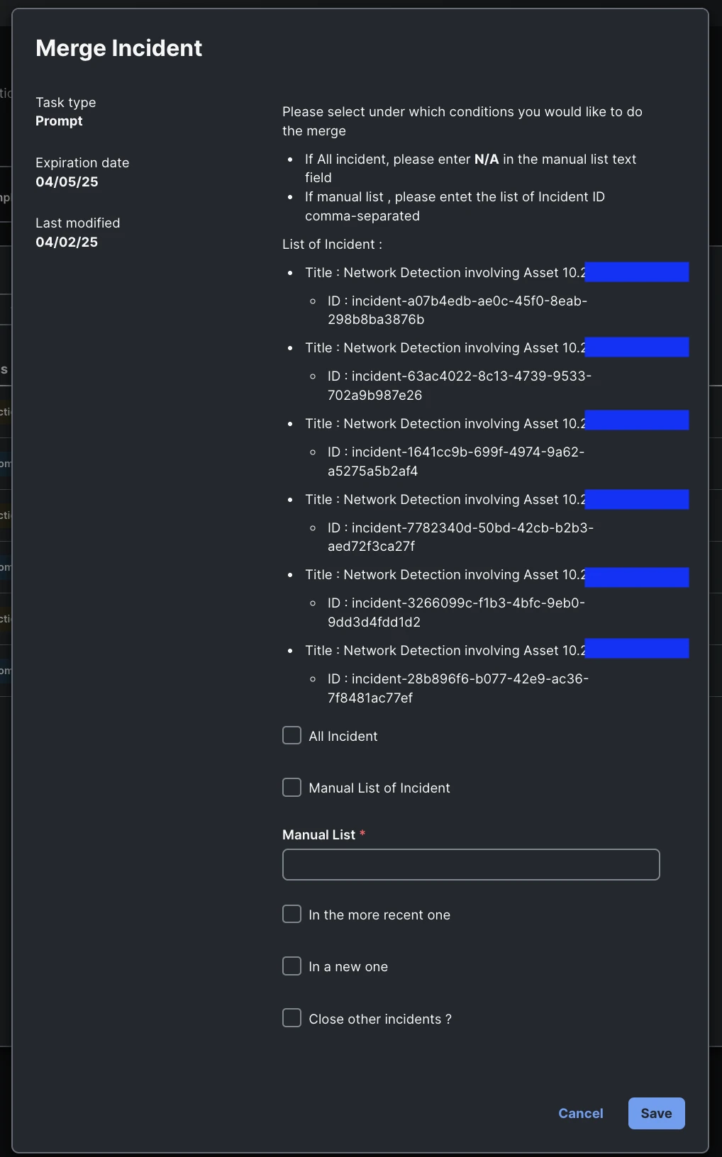 Merge Incident prompt