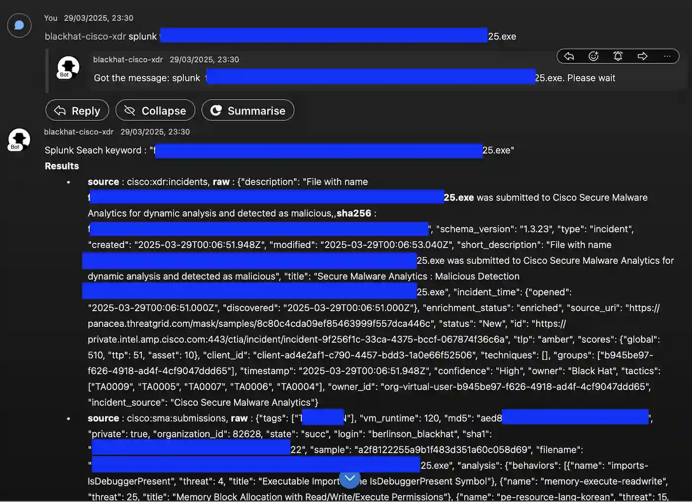 Search Splunk via the webex bot