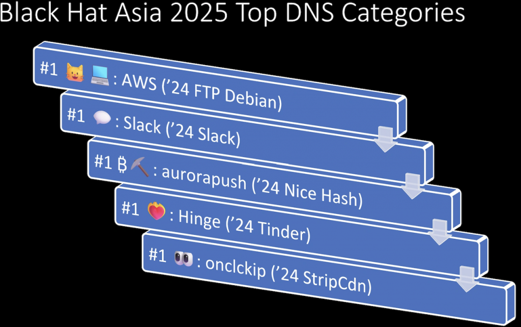 Graph showing the top DNS categories for Black Hat Asia 2025, which are AWS, Slack, aurorapush, hinge, onclckip