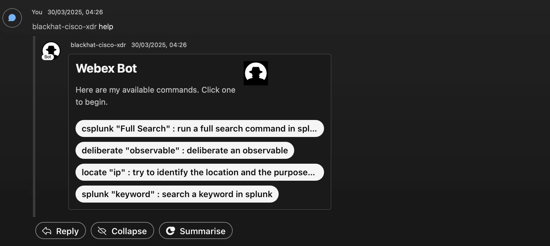 Webex Bot help commands