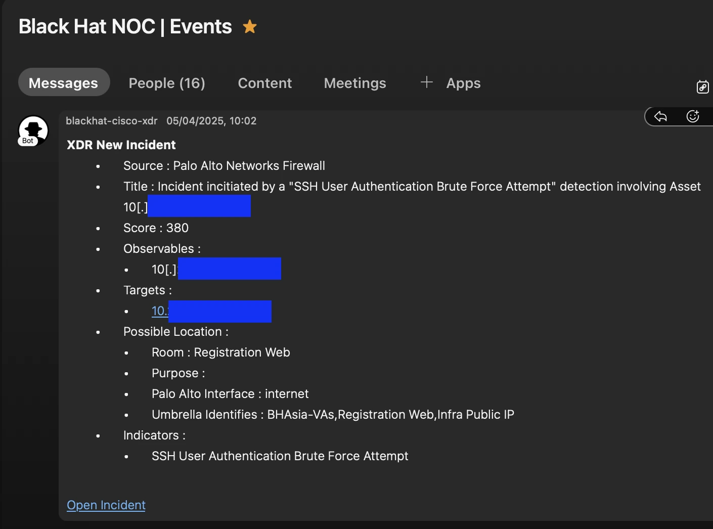Webex notification of a new XDR incident