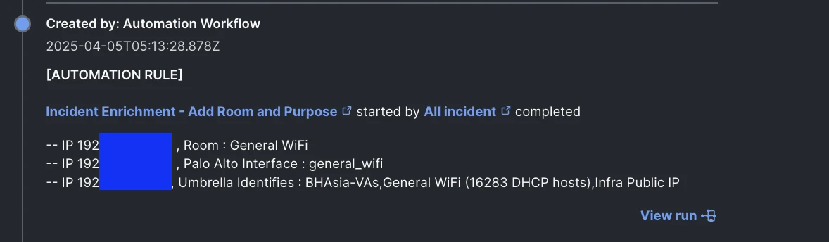 Automation workflow showing a note added to an XDR incident from Splunk
