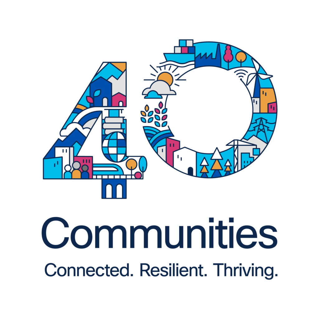 Logo of 40 Communities with the text Connected. Resilient. Thriving. beneath 