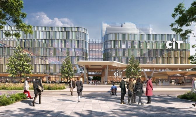 Image of building with students walking in front of them