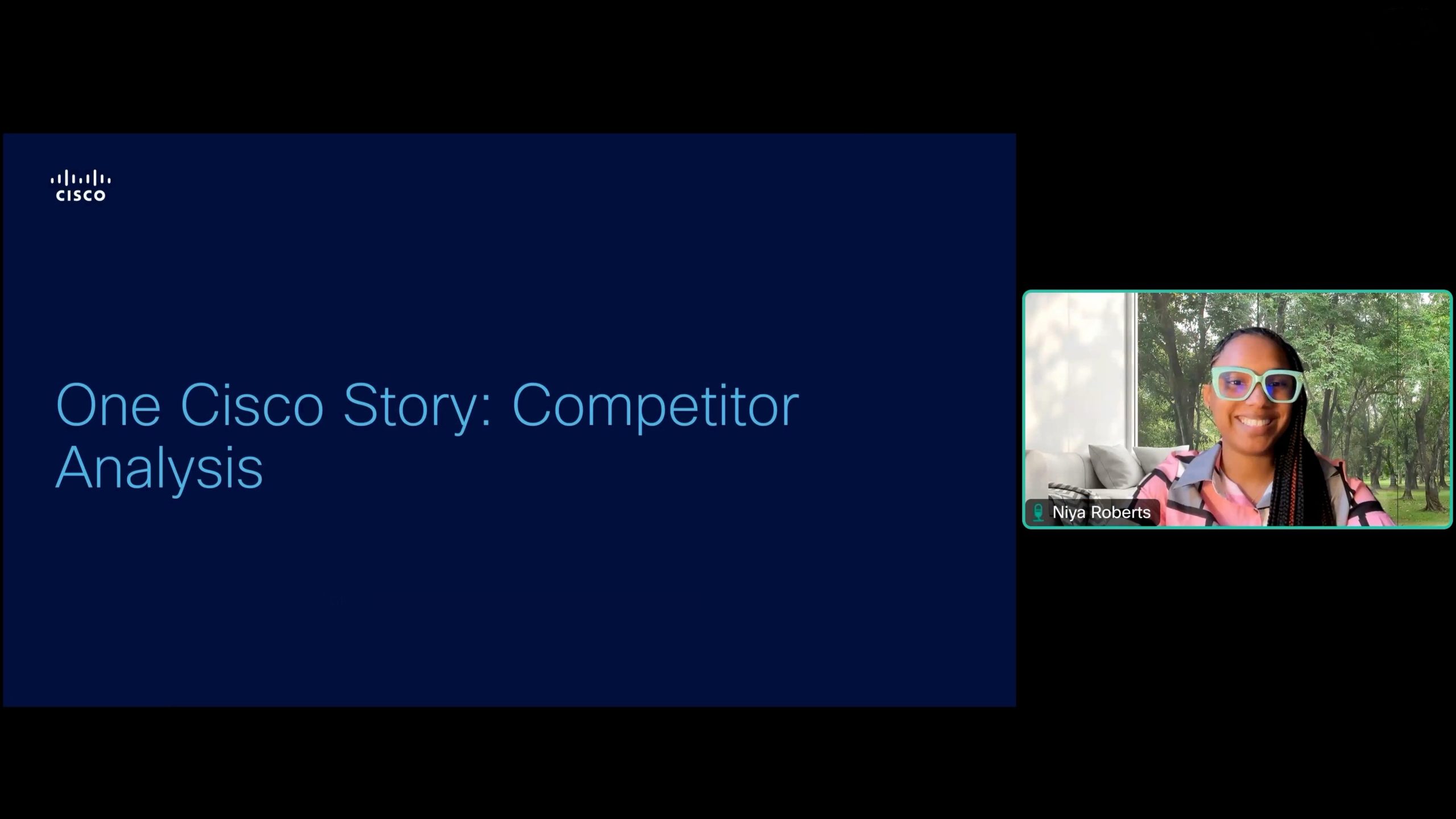 Slide with title and picture of woman on a webex space with teal glasses smiling 