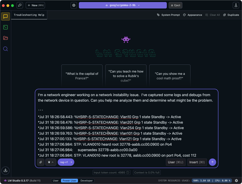Asking an AI assistant to help debug a network issue.