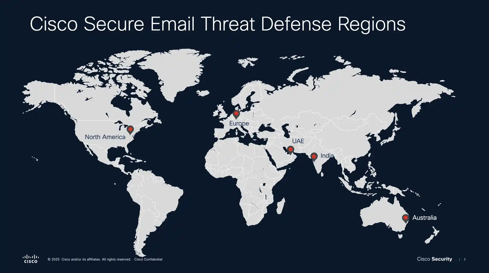 Cisco Secure Email Threat Defense region map. Regions include: North America, Europe, UAE, India, and Australia.