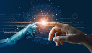 AI hand and human hand touching index fingers with light burst 