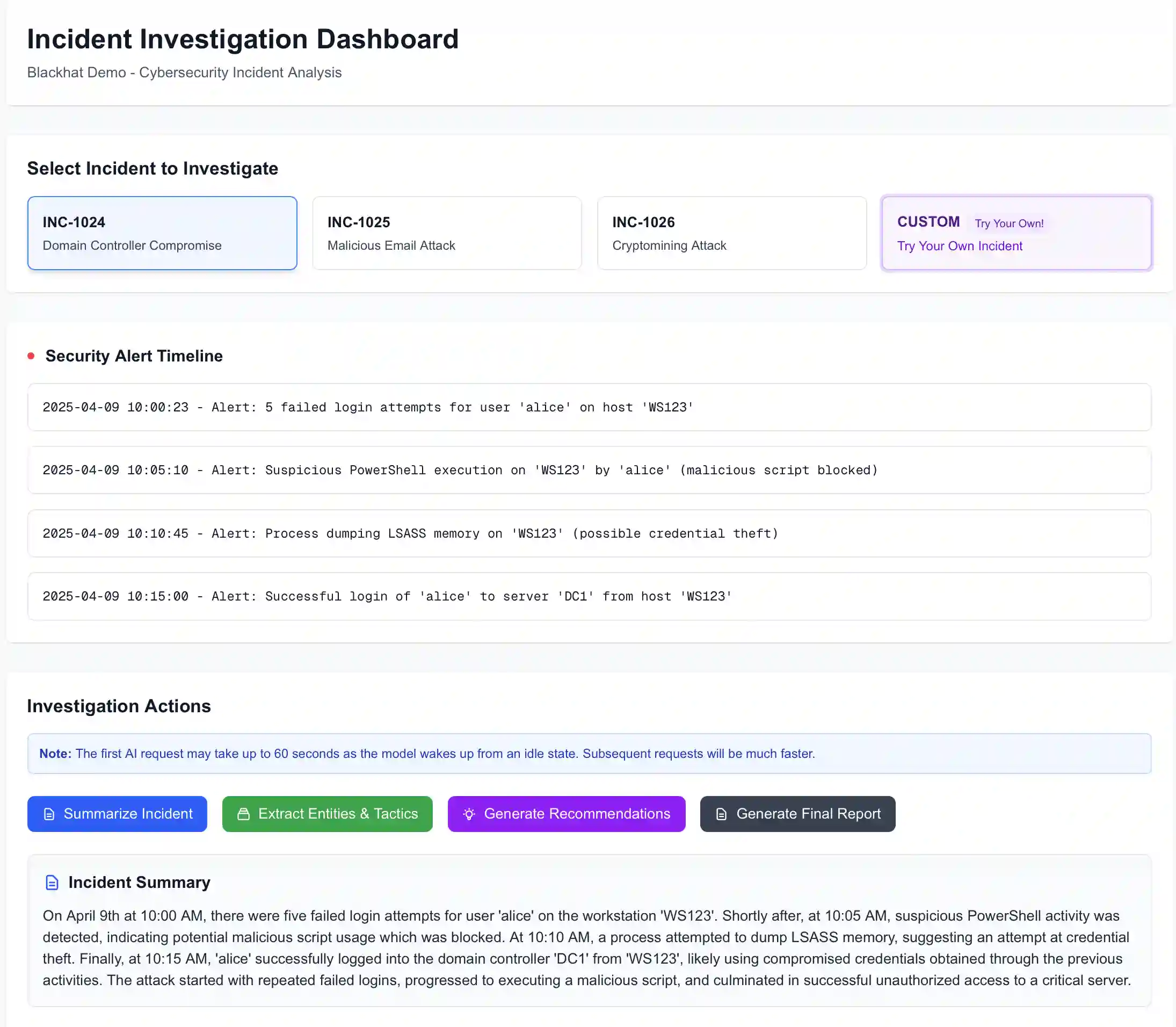 Foundation-sec-8B-Instruct incident investigation dashboard