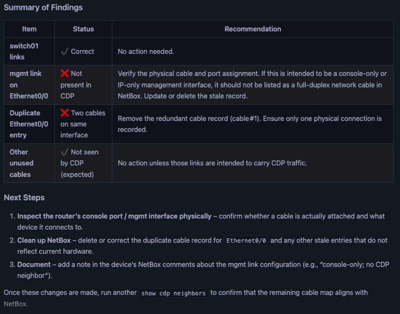 The NetAI agent reports it's findings.