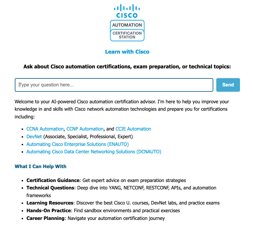 Cisco Automation Certification Station AI Assistant chatbot window from Learn with Cisco