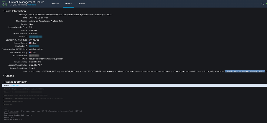 Cisco FMC intrusion alert and traffic analysis
