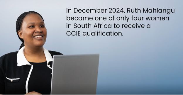 Image of a woman with a computer with the following text overlaid: In December 2024, Ruth Mahlangu became one of only four women in South Africa to receive a CCIE qualification.